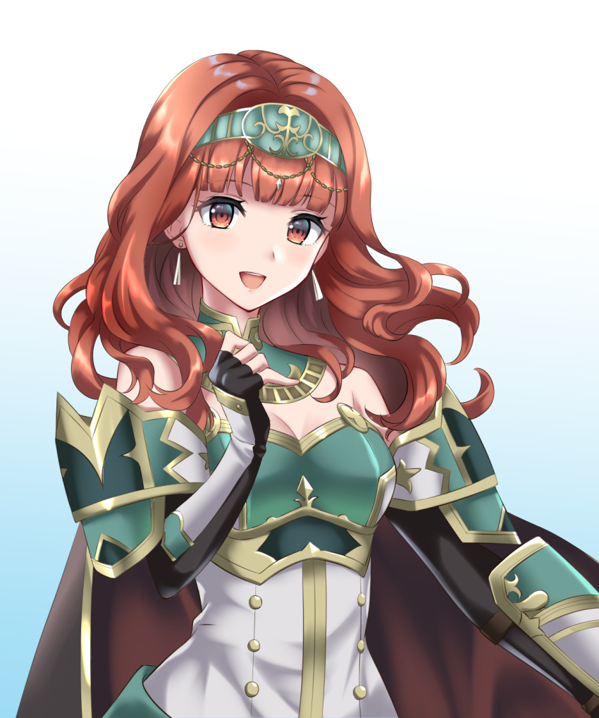 1girl :d bare_shoulders black_gloves breasts celica_(fire_emblem) cleavage earrings fingerless_gloves fire_emblem fire_emblem_echoes:_shadows_of_valentia fire_emblem_heroes gloves gradient gradient_background highres jewelry kakiko210 medium_breasts official_alternate_costume open_mouth red_eyes red_hair simple_background smile solo tiara two-tone_dress upper_body