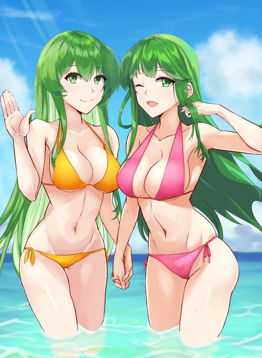 2girls ;d bangs bare_arms bare_shoulders bikini blue_sky chuu_(rinet) cloud commentary_request day erinys_(fire_emblem) fire_emblem fire_emblem:_genealogy_of_the_holy_war fire_emblem:_mystery_of_the_emblem green_eyes green_hair hand_up highres holding_hands long_hair looking_at_viewer multiple_girls navel ocean one_eye_closed open_mouth orange_bikini outdoors palla_(fire_emblem) pink_bikini side-tie_bikini sky smile standing stomach swimsuit thighs very_long_hair wading water