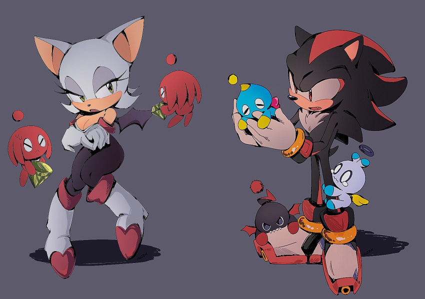 1boy 1girl bat_girl bat_wings biting boots bracelet breasts chao_(sonic) cleavage crossed_arms elbow_gloves fang full_body furry furry_female gloves green_eyes grey_background highres holding isa03re jewelry master_emerald open_mouth red_eyes rouge_the_bat shadow_the_hedgehog shoes simple_background sonic_(series) standing white_gloves wings