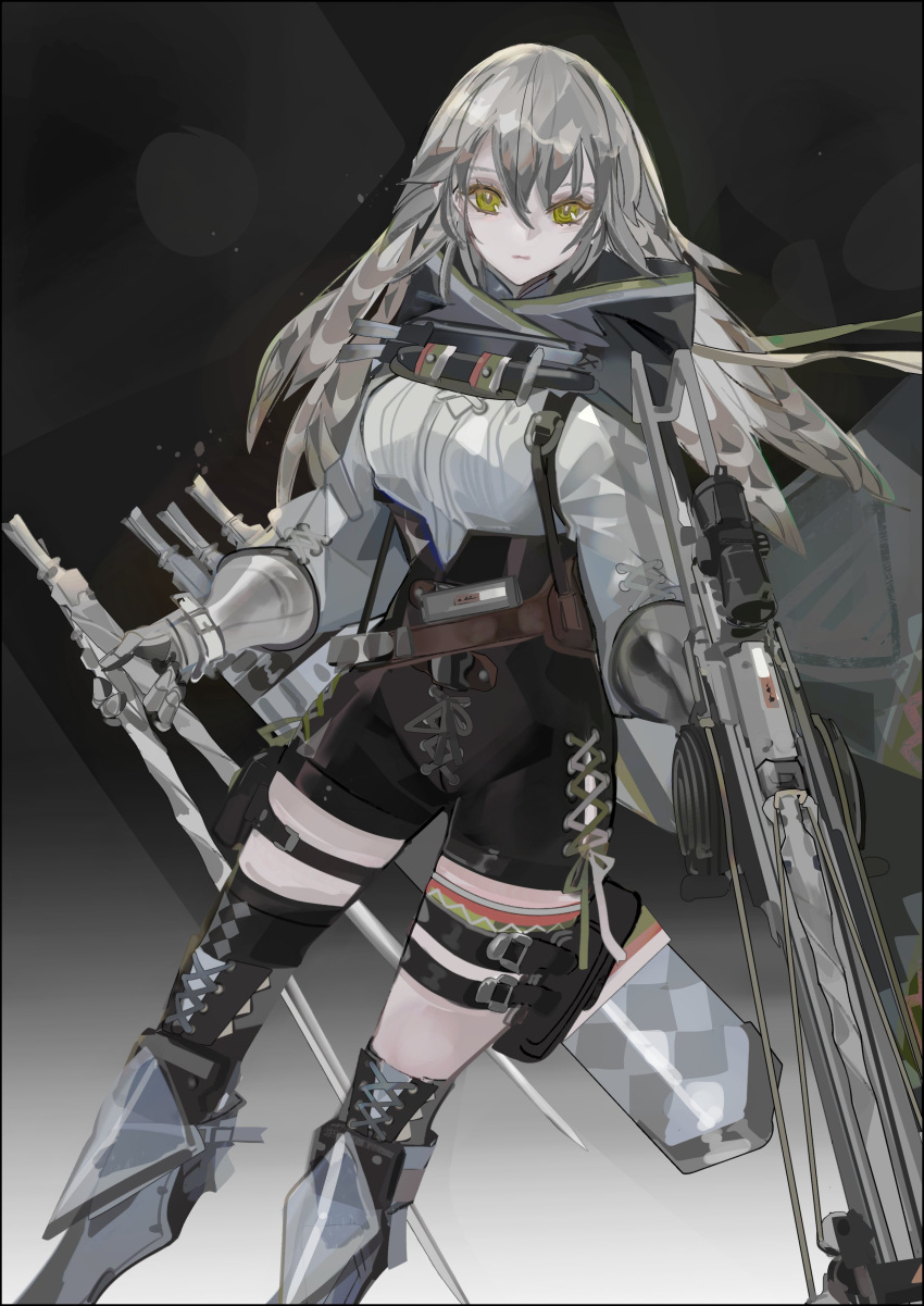 1girl absurdres arknights armor brown_hair cape cowboy_shot fartooth_(arknights) feather_hair gauntlets high-waist_shorts highres holding holding_weapon hood hoodie nslacka quiver shirt short_shorts shorts simple_background spikes thigh_pouch visor_(armor) weapon white_shirt yellow_eyes