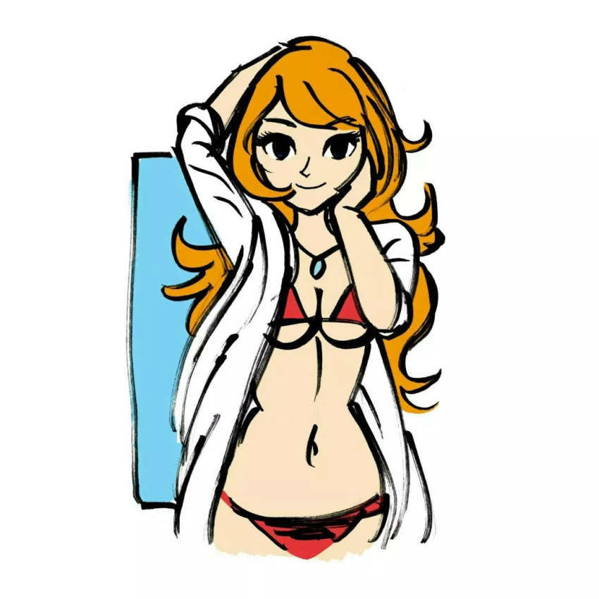 bikini coat collar jf_illustration long_hair looking_at_viewer midriff mona_(warioware) orange_hair solo swimsuit warioware white_coat