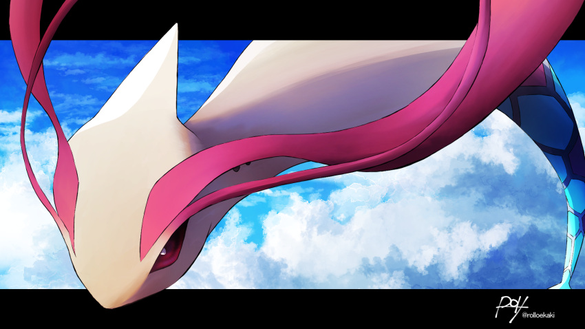 above_clouds bright_pupils cloud commentary_request day flying highres letterboxed milotic no_humans outdoors outside_border pokemon pokemon_(creature) red_eyes rolloekaki signature solo white_pupils