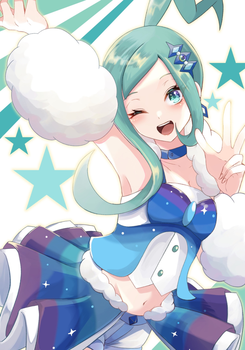 1girl ;d arm_up arm_warmers blue_choker blue_shirt blue_skirt blush breasts choker cleavage commentary_request eyelashes green_eyes green_hair hand_up head_tilt highres lisia_(pokemon) long_hair looking_at_viewer one_eye_closed open_mouth pokemon pokemon_(game) pokemon_oras shirt shorts shorts_under_skirt skirt smile solo ssn_(sasa8u9r) star_(symbol) teeth tongue upper_teeth white_background