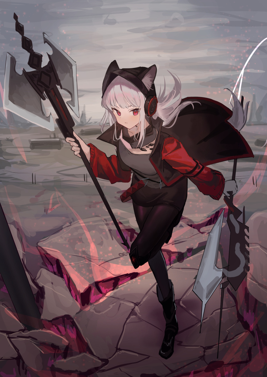 1girl absurdres animal_ear_fluff animal_ears arknights axe black_headwear black_pantyhose black_skirt closed_mouth cloud cloudy_sky cracked_floor day desert dual_wielding ears_through_headwear fox_ears fox_girl fox_tail frostleaf_(arknights) grey_hair grey_shirt hat highres holding holding_axe jacket leg_up long_hair long_sleeves miniskirt natsuba002 open_clothes open_jacket oripathy_lesion_(arknights) outdoors pantyhose red_eyes red_jacket rock shirt skirt sky solo standing standing_on_one_leg tail