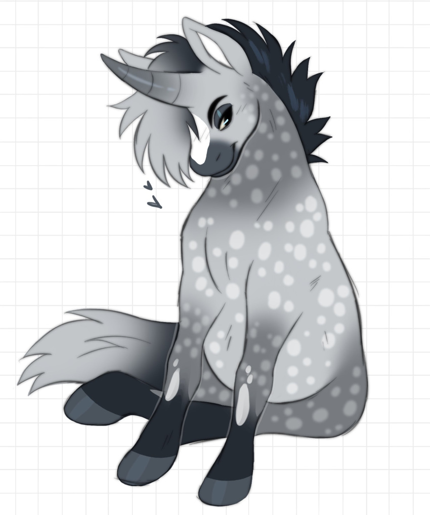 &lt;3 ambiguous_gender black_body black_eyebrows black_fur black_mane equid equine eyebrows feral fur grey_body grey_ears grey_fur grey_hooves grey_mane grey_tail half-closed_eyes hi_res hooves horn leg_markings looking_aside lou_(princelykaden) mammal mane markings narrowed_eyes princelykaden simple_background sitting smile socks_(marking) solo spots spotted_body spotted_chest spotted_fur spotted_legs spotted_neck unicorn white_body white_fur white_inner_ear white_spots