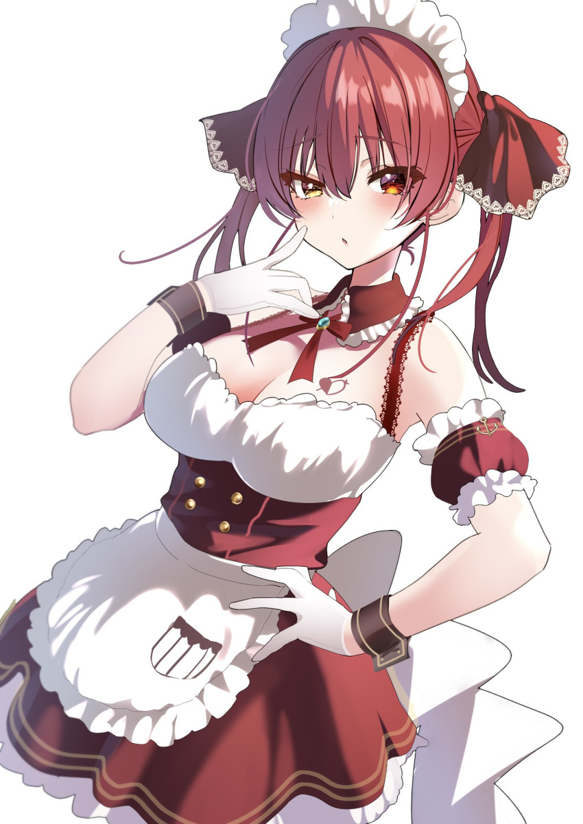 1girl blush breasts cleavage collar commentary_request corset detached_collar gloves hair_ribbon hand_on_hip heterochromia highres hololive houshou_marine large_breasts long_hair looking_at_viewer maid neck_ribbon parted_lips red_collar red_eyes red_hair red_ribbon ribbon solo twintails virtual_youtuber white_gloves wrist_cuffs yellow_eyes yoshioka_pochi