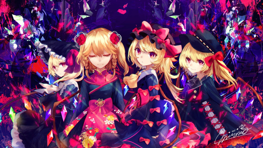 4girls abstract_background alternate_color alternate_costume alternate_hairstyle ascot black_ascot black_dress black_headwear black_shirt black_skirt blonde_hair bonnet bow bowtie braid bright_pupils buttons china_dress chinese_clothes clone closed_eyes closed_mouth collared_dress commentary corset crystal dress facing_viewer flandre_scarlet flat_cap floral_print flower four_of_a_kind_(touhou) frown gothic_lolita hair_between_eyes hair_flower hair_ornament hat hat_bow highres lace lolita_fashion long_hair looking_at_viewer looking_to_the_side mirimo mob_cap multiple_girls one_side_up red_bow red_eyes red_flower red_rose rose shirt signature skirt skirt_set touhou waist_bow white_bow white_bowtie white_pupils wings yellow_ascot