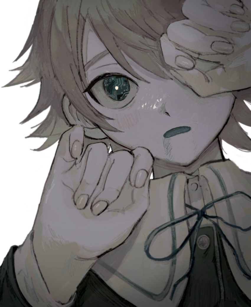 1boy bangs black_ribbon blush bright_pupils brown_hair bruise bruise_on_face buttons circuit_board close-up collared_shirt computer_chip danganronpa:_trigger_happy_havoc danganronpa_(series) eyebrows_hidden_by_hair fujisaki_chihiro green_eyes grey_background hands_up highres injury looking_at_viewer male_focus neck_ribbon one_eye_covered open_mouth portrait ribbon sema_(vivaviva_02) shirt short_hair simple_background solo white_pupils