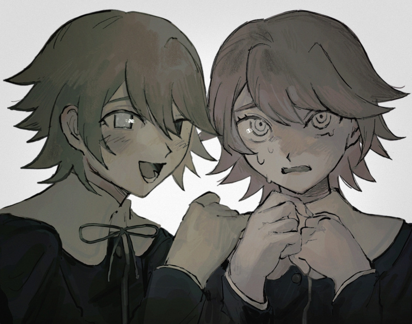 2boys :d bangs blush brown_hair buttons danganronpa:_trigger_happy_havoc danganronpa_(series) dual_persona fujisaki_chihiro grey_background grey_eyes hair_between_eyes hands_up highres long_sleeves looking_at_viewer lower_teeth multiple_boys neck_ribbon open_mouth own_hands_together portrait red_ribbon ribbon sema_(vivaviva_02) short_hair simple_background smile sweat teeth tongue