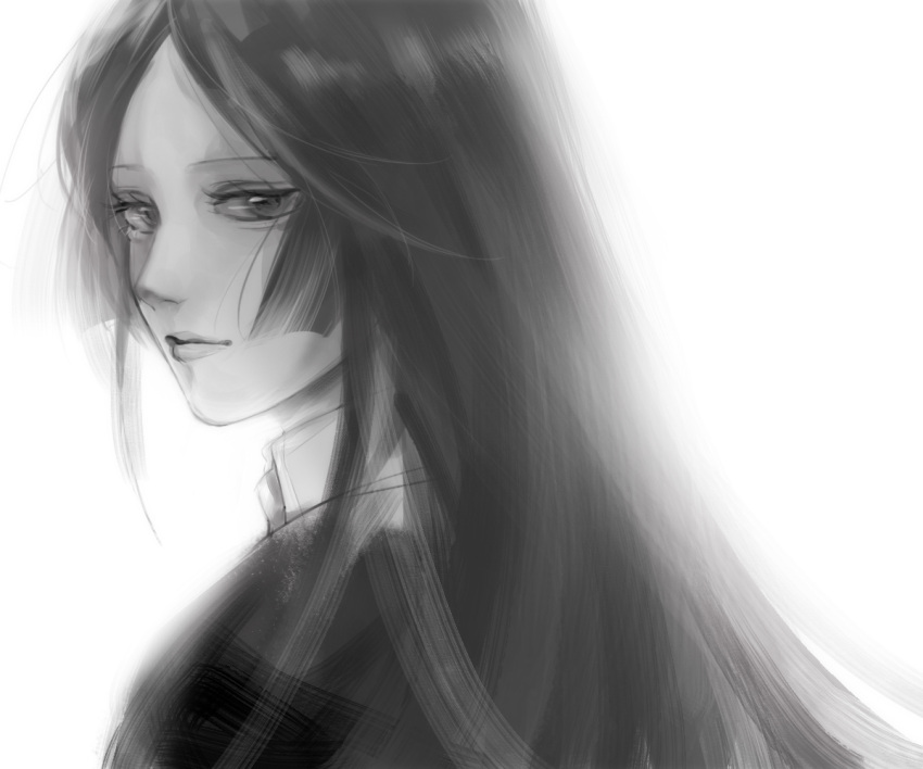 1girl chikuwa_(dr0603) closed_mouth eyelashes from_behind greyscale hime_cut light_smile lips long_hair looking_at_viewer looking_back messy_hair monochrome portrait sidelocks simple_background solo straight_hair tsukimi_ren world_trigger