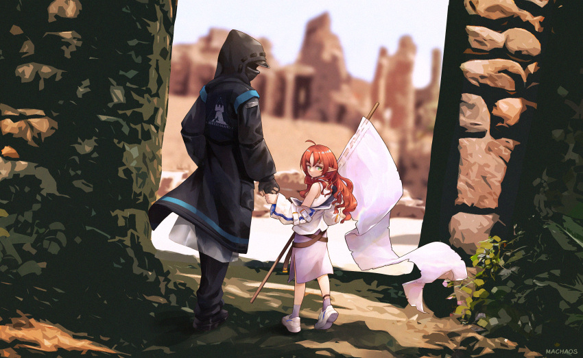 1girl 1other ahoge arknights black_coat black_footwear black_pants coat commentary doctor_(arknights) dwarf fingerless_gloves flag gloves grey_gloves height_difference highres holding holding_finger holding_flag holding_hands hooded_coat jacket leaf long_hair long_sleeves looking_back machaos myrtle_(arknights) off_shoulder open_clothes open_jacket outdoors pants pillar plant pointy_ears purple_skirt purple_socks red_hair rhodes_island_logo rock shade shoes skirt sneakers socks tank_top white_footwear white_jacket white_tank_top