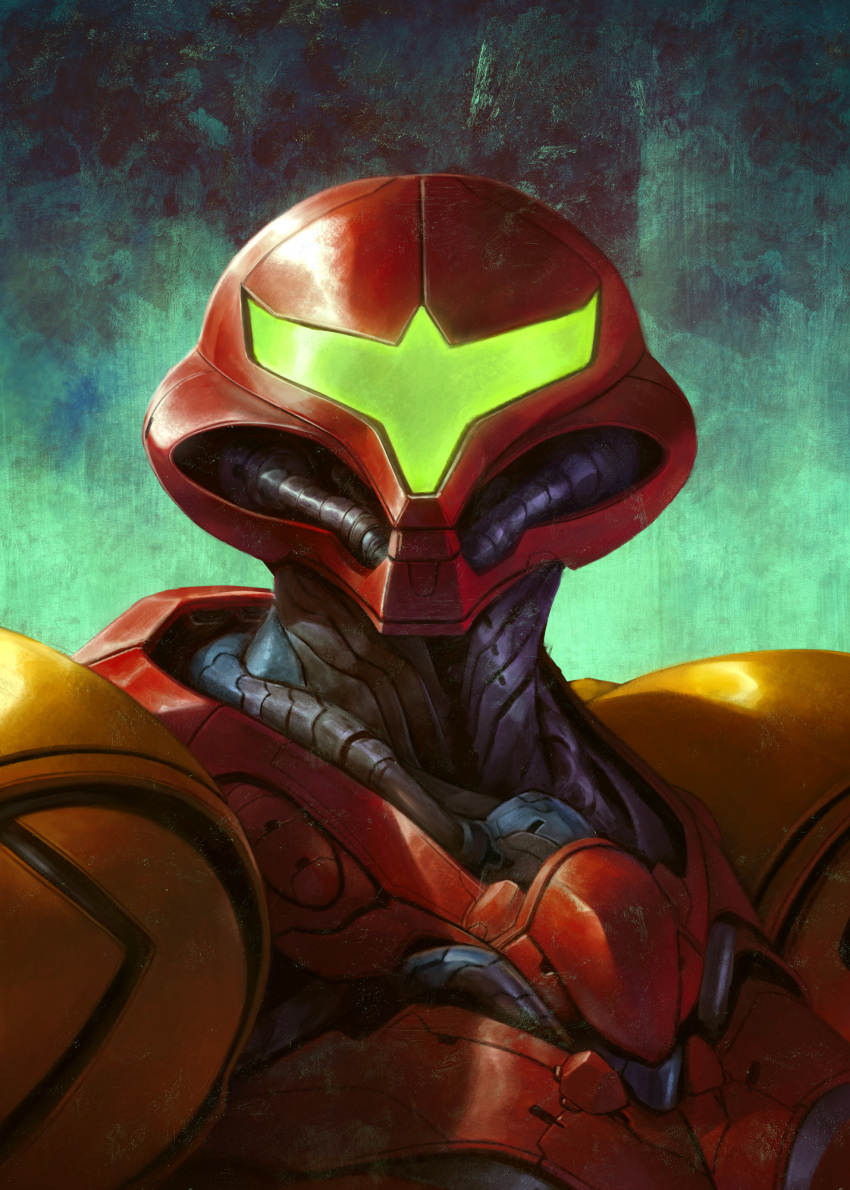 1girl dave_rapoza glowing helmet highres metroid power_armor power_suit redesign samus_aran shoulder_pads solo upper_body varia_suit variable_fighter visor