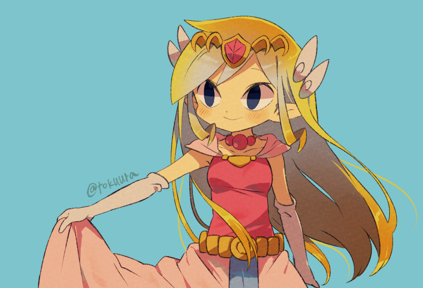 1girl artist_name belt blonde_hair blue_eyes blush dress floating_hair gloves jewelry long_hair multicolored_hair necklace parted_lips pink_dress pink_skirt princess_zelda skirt the_legend_of_zelda the_legend_of_zelda:_spirit_tracks the_legend_of_zelda:_the_wind_waker tokuura