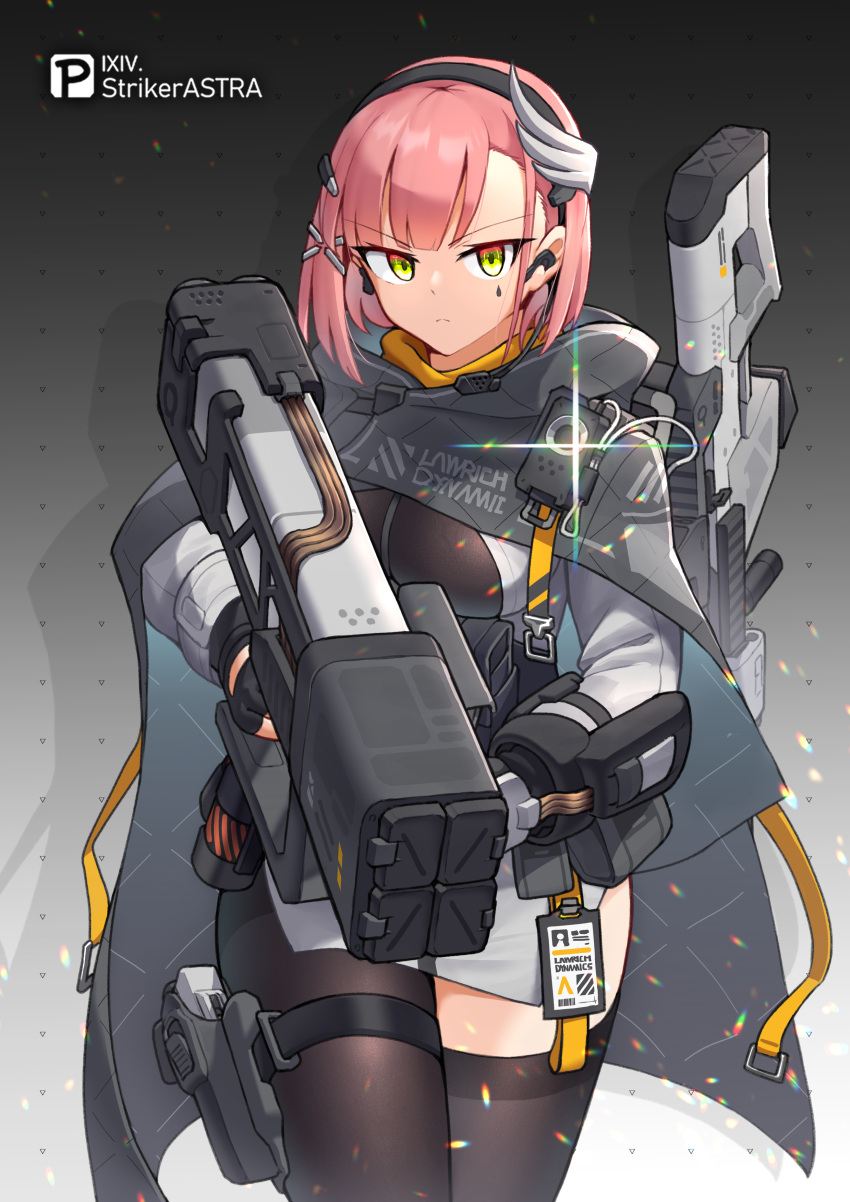 1girl absurdres black_pantyhose cloak commentary_request earpiece green_eyes gun hairband highres holster id_card looking_at_viewer missile_pod original pantyhose pink_hair rifle rocket_launcher sherman_(egnk2525) single_thighhigh solo thigh_holster thighhighs tsurime weapon weapon_on_back