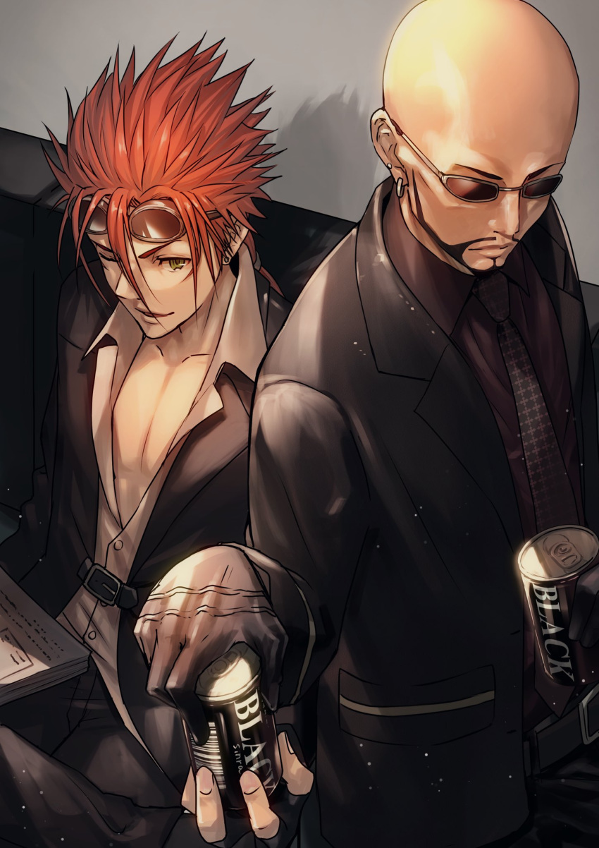 2boys bald bangs belt black_gloves black_jacket black_pants black_shirt can collarbone earrings facial_hair facial_mark final_fantasy final_fantasy_vii final_fantasy_vii_remake fingerless_gloves formal gloves goatee goggles goggles_on_head highres holding holding_can jacket jewelry low_ponytail male_focus multiple_boys multiple_earrings nakanishi_tatsuya necktie one_eye_closed open_clothes open_shirt pants paper parted_bangs parted_lips pectorals red_hair reno_(ff7) rude_(ff7) shirt sideburns smile spiked_hair suit sunglasses upper_body white_shirt