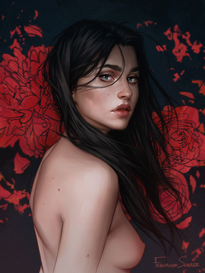 absurdres black_hair blue_background fernanda_suarez flower freckles green_eyes highres nature original painting_(medium) portrait red_background traditional_media