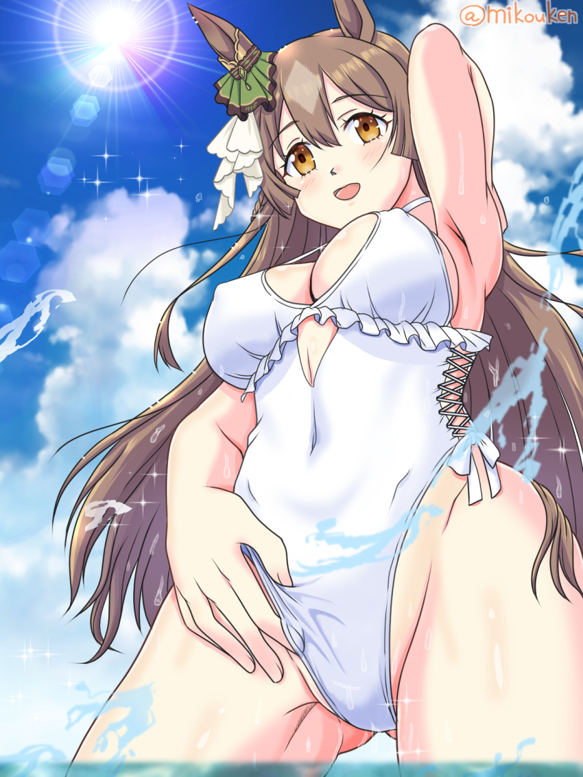 1girl adjusting_clothes adjusting_swimsuit animal_ears blue_sky breasts brown_eyes brown_hair casual_one-piece_swimsuit cloud commentary_request cosplay cowboy_shot day ear_ribbon from_below highleg highleg_swimsuit highres horse_ears horse_girl kantai_collection kutsugen_kanna_(mikouken) large_breasts long_hair looking_at_viewer one-piece_swimsuit outdoors sagiri_(kancolle) sagiri_(kancolle)_(cosplay) satono_diamond_(umamusume) side-tie_swimsuit sky soaking_feet solo standing sun swimsuit umamusume water white_swimsuit