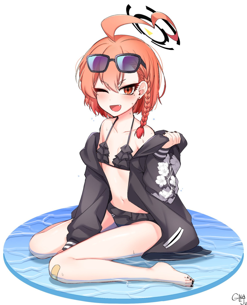 1girl ahoge bangs barefoot bikini black_bikini blue_archive breasts eyewear_on_head flat_chest frilled_bikini frills full_body gange_ju hair_between_eyes highres looking_at_viewer nail_polish navel neru_(blue_archive) red_eyes red_hair short_hair sidelocks sitting smile solo sunglasses swimsuit toenail_polish toenails toes