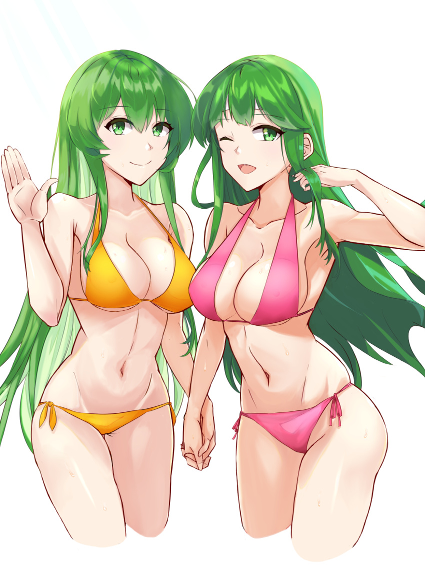 2girls ;d bangs bare_arms bare_shoulders bikini breasts chuu_(rinet) commentary_request cropped_legs erinys_(fire_emblem) fire_emblem fire_emblem:_genealogy_of_the_holy_war fire_emblem:_mystery_of_the_emblem green_eyes green_hair hand_up highres holding_hands long_hair looking_at_viewer medium_breasts multiple_girls navel one_eye_closed open_mouth orange_bikini outdoors palla_(fire_emblem) pink_bikini side-tie_bikini simple_background sky smile standing stomach swimsuit thighs very_long_hair white_background yellow_bikini