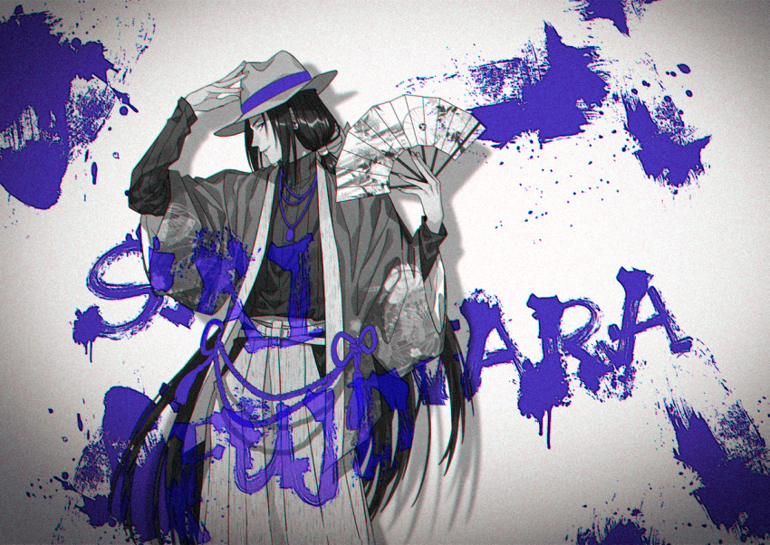 1boy bangs blue_theme character_name cowboy_shot folding_fan fujiwara_no_sai hakama hand_fan hand_on_headwear hands_up haori hikaru_no_go holding holding_fan hun_(endlesslovehikaru) japanese_clothes long_hair long_sleeves looking_at_viewer low_ponytail male_focus monochrome paint_on_clothes paint_splatter ponytail profile sideways_glance smile solo spot_color tassel turtleneck very_long_hair