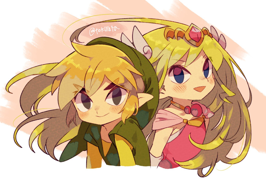 1boy 1girl artist_name belt blonde_hair blue_eyes blush commentary_request dress floating_hair full_body gloves green_headwear grey_gloves hair_ornament highres holding jewelry link long_hair multicolored_hair necklace pink_dress pointy_ears princess_zelda simple_background smile the_legend_of_zelda the_legend_of_zelda:_spirit_tracks the_legend_of_zelda:_the_wind_waker tiara tokuura