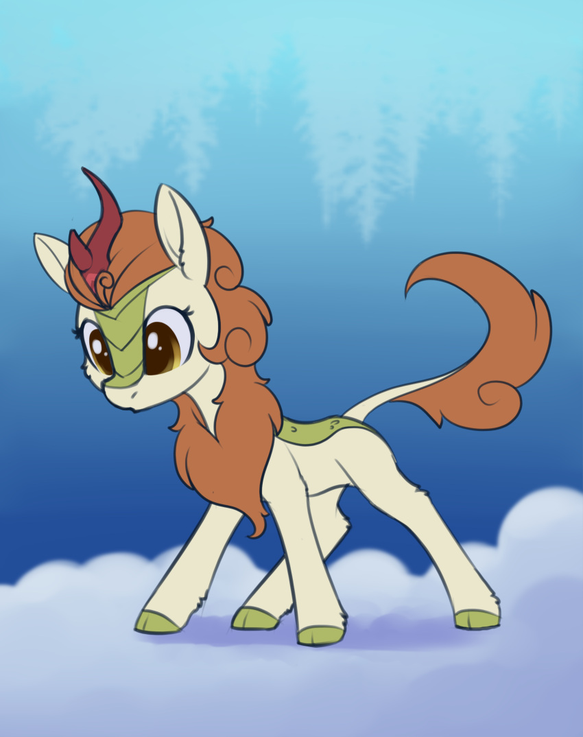 2022 asian_mythology autumn_blaze_(mlp) chinese_mythology cloven_hooves digital_media_(artwork) dusthiel east_asian_mythology female feral friendship_is_magic green_body green_scales hasbro hi_res hooves horn kirin long_tail looking_down mane my_little_pony mythology orange_mane scales solo standing