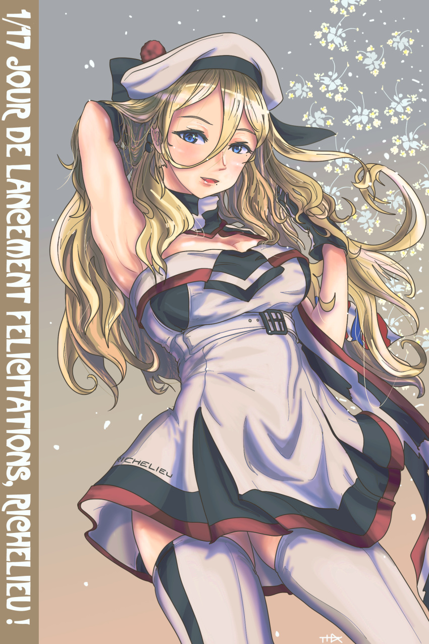 1girl absurdres beret black_gloves blonde_hair blue_eyes breasts character_name commentary_request cowboy_shot dress french_text gloves hair_between_eyes hat highres kantai_collection large_breasts long_hair mole mole_under_eye mole_under_mouth multicolored_clothes multicolored_scarf pom_pom_(clothes) richelieu_(kancolle) scarf solo strapless strapless_dress thighhighs thrux two-tone_dress two-tone_legwear