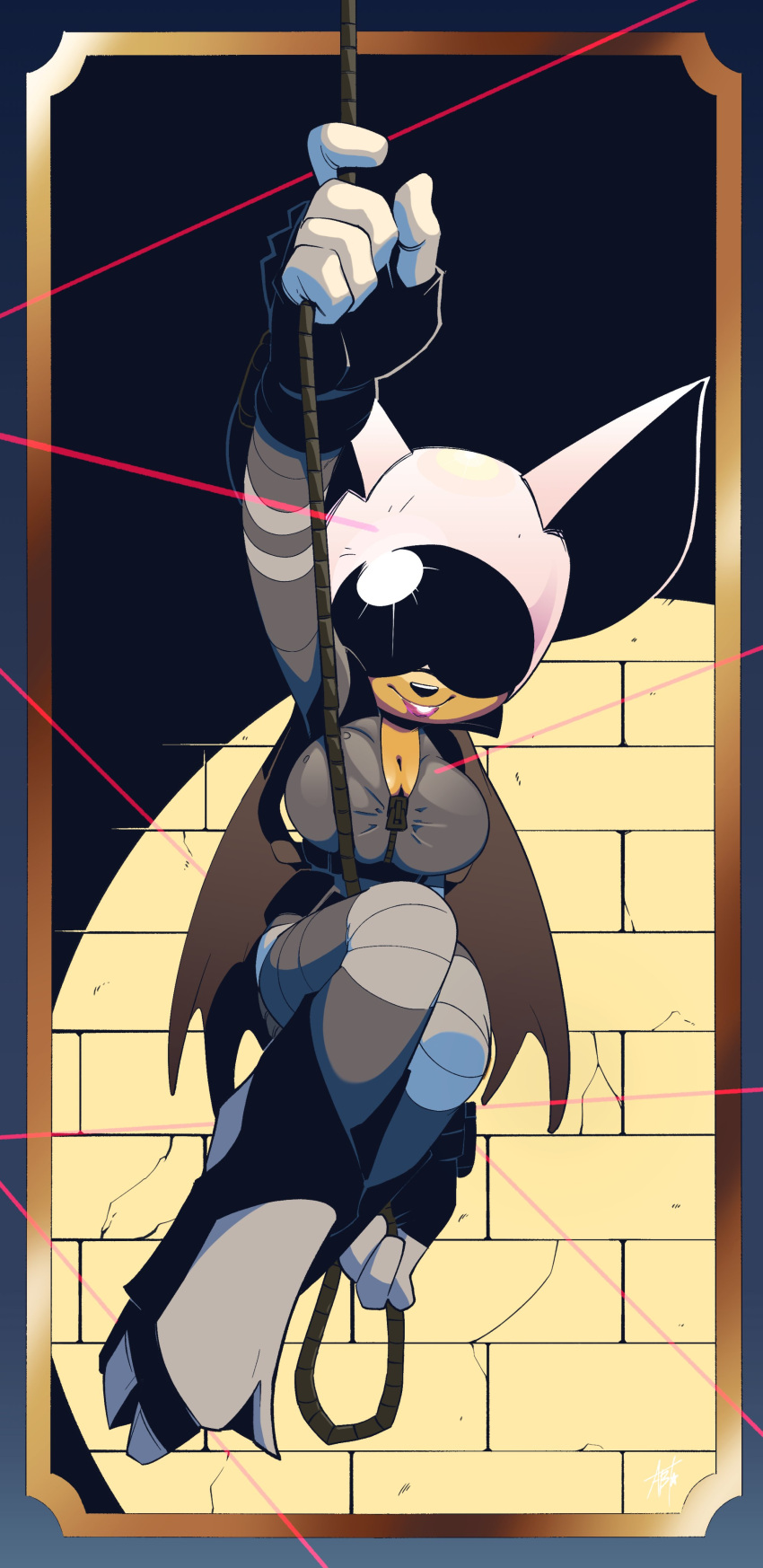 1girl absolute_batman absolute_dc absurdres adam_bryce_thomas animal_ears animal_hood arm_up bat_ears bat_girl bat_wings belt bodysuit bound breasts brick_wall cape cat_ears cat_hood catwoman catwoman_(absolute_dc) catwoman_(cosplay) cleavage commentary commission cosplay crossover dc_comics dc_x_sonic_the_hedgehog english_commentary full_body furry furry_female gloves grey_bodysuit hanging helmet highres hood large_breasts laser looking_at_viewer noose open_mouth rope rouge_the_bat second-party_source smile solo sonic_(series) teeth tied_up_(nonsexual) white_eyes wings