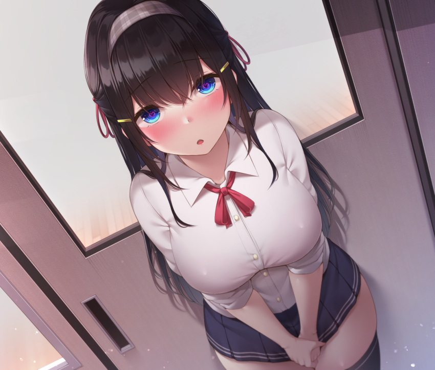 1girl bangs black_hair black_skirt blue_eyes blush breasts collared_shirt commentary_request covered_nipples door doorway hair_ornament hair_ribbon hairband hairclip heart heart-shaped_pupils highres large_breasts long_hair looking_at_viewer open_mouth original own_hands_together pleated_skirt ribbon school_uniform shirt simple_background skirt standing symbol-shaped_pupils teeth thighhighs toyosaki_shu uniform upper_teeth very_long_hair white_shirt