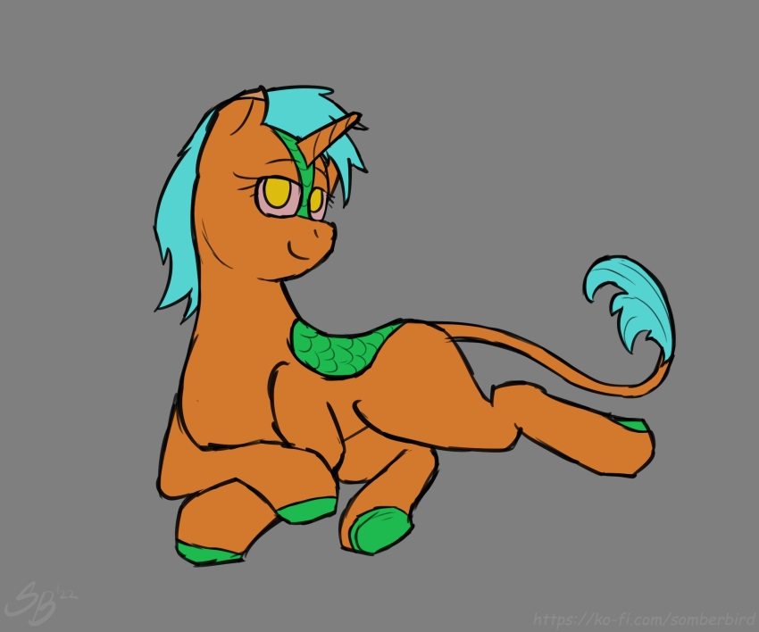 2022 6:5 asian_mythology blue_mane chinese_mythology digital_media_(artwork) east_asian_mythology eyelashes fan_character female feral green_body green_scales grey_background hasbro hi_res hooves horn kirin long_tail lying mane my_little_pony mythology orange_body pink_sclera scales signature simple_background smile sombird tail_tuft tuft yellow_eyes