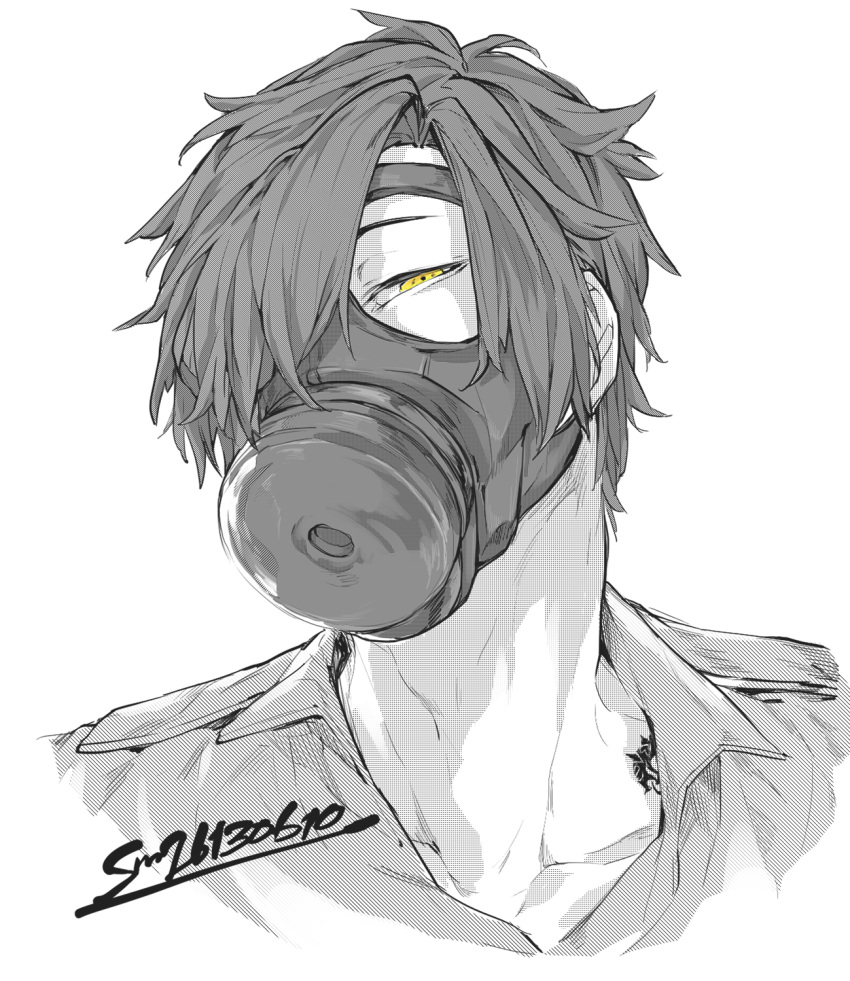 1boy adam's_apple character_request chikuwa_(dr0603) collared_shirt gas_mask hair_over_one_eye head_tilt highres looking_at_viewer male_focus mask one_eye_covered portrait shirt short_hair sideways_glance simple_background solo spot_color tattoo touken_ranbu yellow_eyes