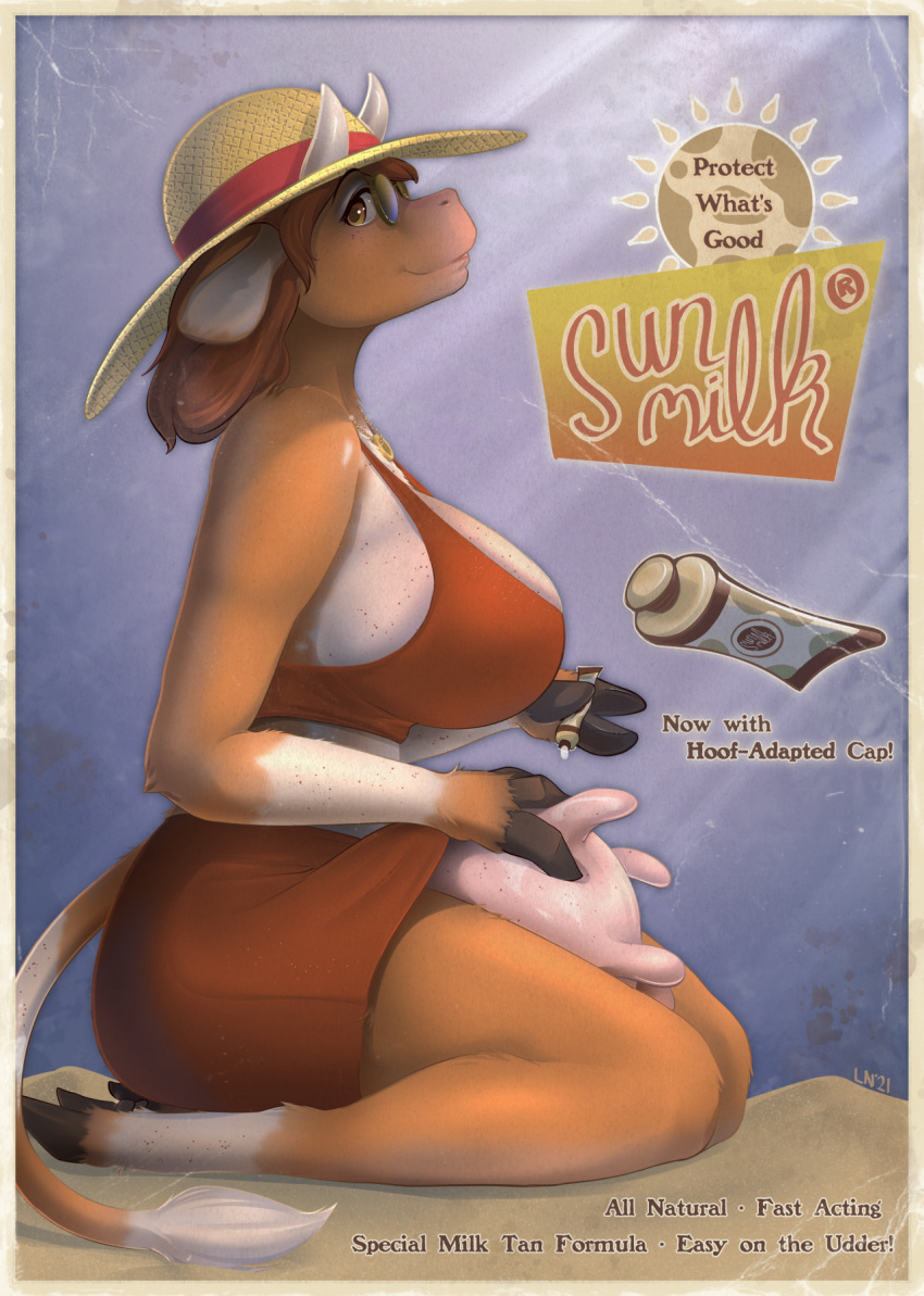 2021 3_fingers advertisement anthro big_breasts biped border bovid bovine breasts brown_hair cattle clothed clothing english_text eyewear female fingers fully_clothed furgonomics hair hat headgear headwear hi_res hooved_fingers hooves horn huge_breasts kneeling littlenapoleon mammal marion_(changeling_tale) poster seiza side_view sitting solo straw_hat sunglasses sunscreen teats text udders white_border white_horn