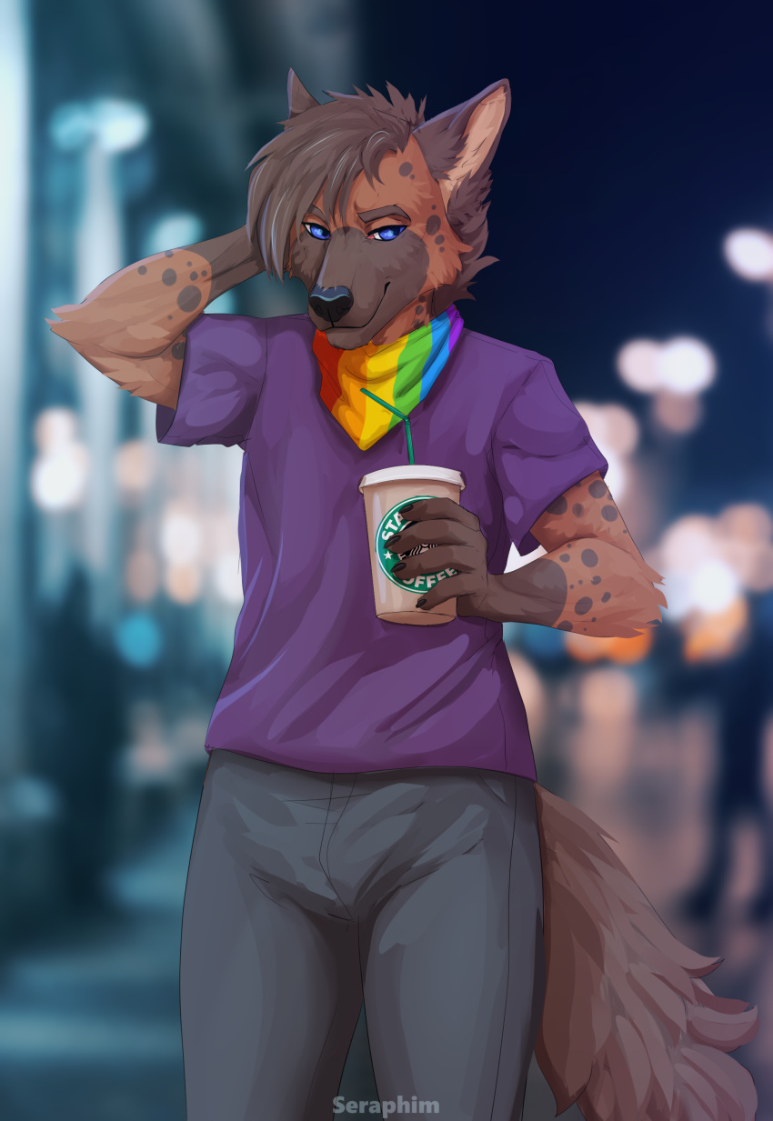 2021 absurd_res anthro bandanna beverage black_nose blue_eyes blurred_background bottomwear brown_body brown_fur clothed clothing coffee coffee_cup container cup digital_media_(artwork) fur gloves_(marking) hand_on_head herm_(lore) hi_res hyaenid kerchief lgbt_pride looking_aside looking_away male mammal markings night nonbinary_(lore) pants pride_color_accessory pride_colors public purple_clothing purple_shirt purple_t-shirt purple_topwear seraphim shirt signature smile solo spots spotted_body spotted_fur spotted_hyena spotted_markings starbucks straw t-shirt topwear trevor_pride_(knotfunny)