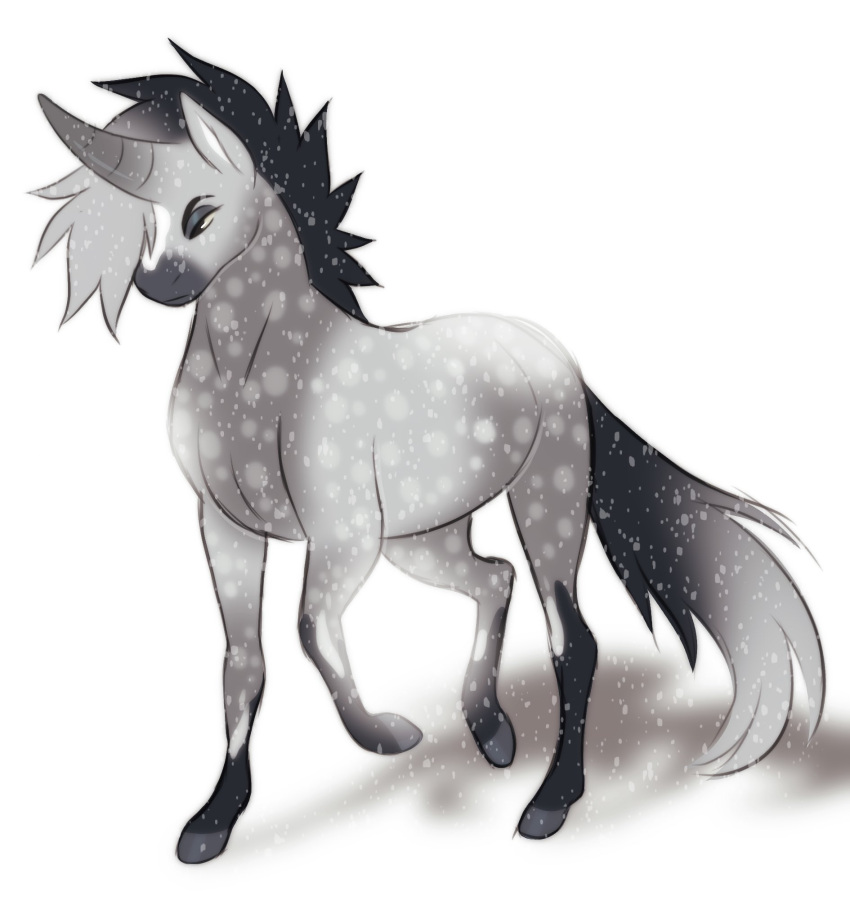 ambiguous_gender black_body black_eyebrows black_fur black_mane black_tail equid equine eyebrows feral fur grey_ears grey_hooves grey_horn grey_mane grey_tail hi_res hooves horn lou_(princelykaden) mammal mane multicolored_mane narrowed_eyes princelykaden quadruped shadow simple_background snow snowing spots spotted_body spotted_fur spotted_legs spotted_neck tapering_horn three-quarter_view two_tone_mane two_tone_tail unicorn white_inner_ear
