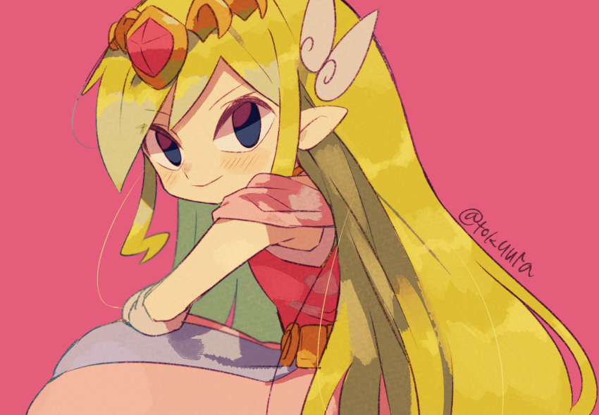 1girl artist_name belt blonde_hair blue_eyes blush dress floating_hair gloves jewelry long_hair multicolored_hair necklace pink_dress pink_skirt princess_zelda skirt the_legend_of_zelda the_legend_of_zelda:_spirit_tracks the_legend_of_zelda:_the_wind_waker tokuura