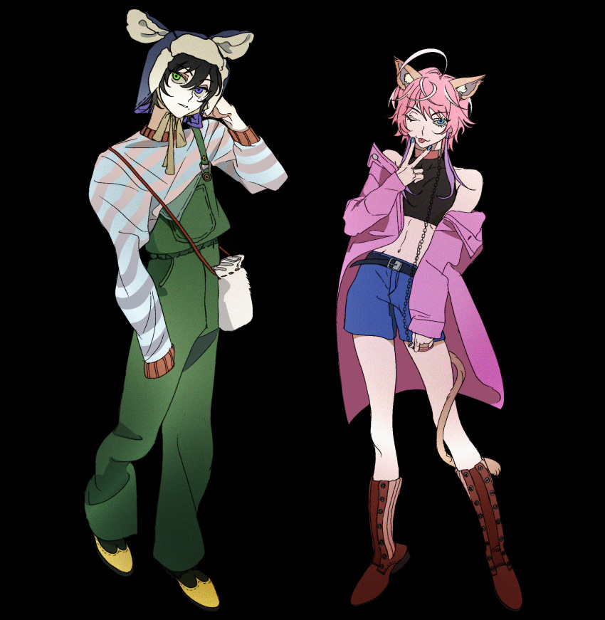 2boys ;p alternate_costume amemura_ramuda animal_ears bangs belt black_belt black_hair blue_eyes blue_shorts boots brown_footwear collar crop_top cunnilingus_gesture green_overalls hair_between_eyes hat hat_with_ears heterochromia highres hypnosis_mic jacket mole mole_under_eye multiple_boys nail_polish one_eye_closed pink_hair pink_jacket reichio short_hair shorts sidelocks striped striped_sweater sweater swept_bangs tail tongue tongue_out yamada_saburou