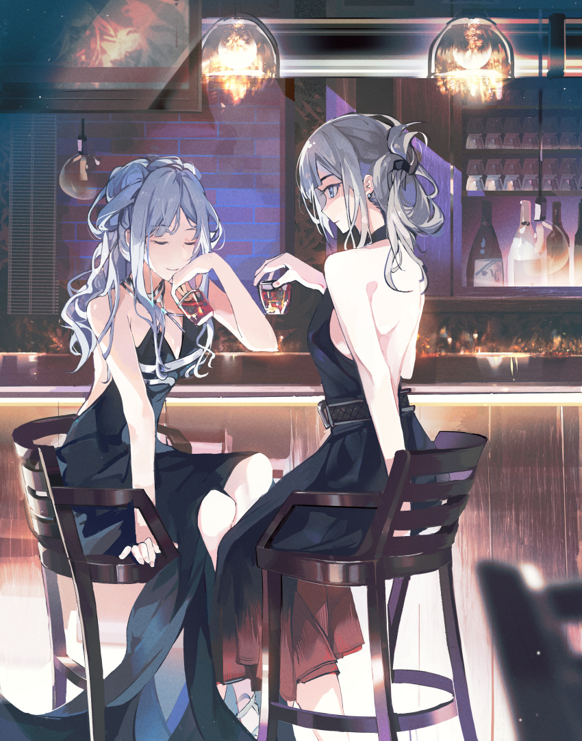 2girls absurdres ak-12_(girls'_frontline) ak-12_(quiet_azure)_(girls'_frontline) an-94_(girls'_frontline) an-94_(silent_rouge)_(girls'_frontline) backless_dress backless_outfit bar_stool blue_dress closed_eyes counter cup dress evening_gown fmorange folded_ponytail girls'_frontline glasses halter_dress halterneck highres holding holding_cup long_hair multiple_girls official_alternate_costume pink_hair sitting stool updo white_hair