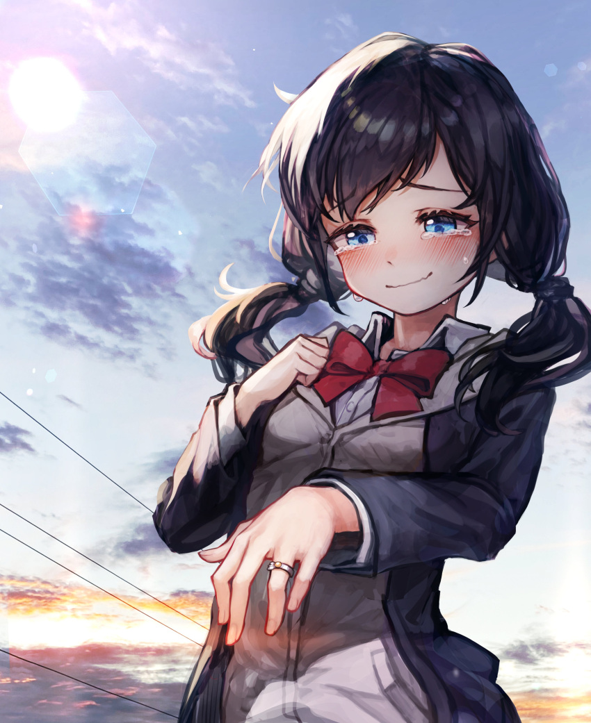 1girl absurdres bangs black_hair black_jacket blue_eyes blue_sky blush bow bowtie breasts buttons cardigan closed_mouth cloud collared_shirt crying day gilmang grey_cardigan hair_tie half-closed_eyes hand_on_own_chest hand_up happy highres jacket jewelry lens_flare long_hair long_sleeves looking_down nose_blush open_clothes open_jacket original outdoors pocket power_lines red_bow red_bowtie ring school_uniform shiny shiny_hair shirt sky small_breasts smile solo standing sun sunlight swept_bangs tears twintails upper_body wavy_mouth wedding_ring white_shirt