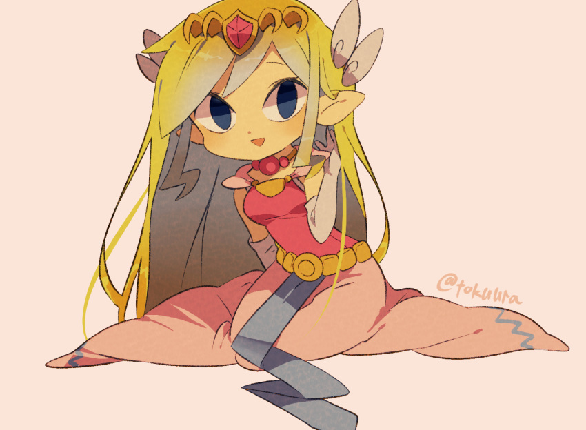 1girl artist_name belt blonde_hair blue_eyes blush dress floating_hair gloves jewelry long_hair multicolored_hair necklace parted_lips pink_dress pink_skirt princess_zelda seiza sitting skirt the_legend_of_zelda the_legend_of_zelda:_spirit_tracks the_legend_of_zelda:_the_wind_waker tokuura