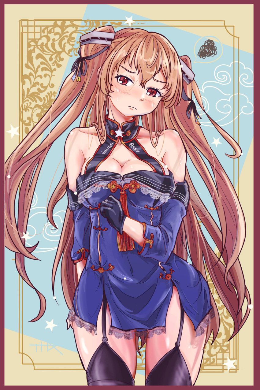 1girl absurdres alternate_costume arm_behind_back ass_visible_through_thighs bare_shoulders blue_gloves blue_thighhighs blush breasts brown_hair china_dress chinese_clothes cleavage covered_navel dress frown garter_straps gloves hair_between_eyes highres johnston_(kancolle) kantai_collection long_hair red_eyes solo speech_bubble spoken_squiggle squiggle thighhighs thighs thrux two_side_up wide_hips