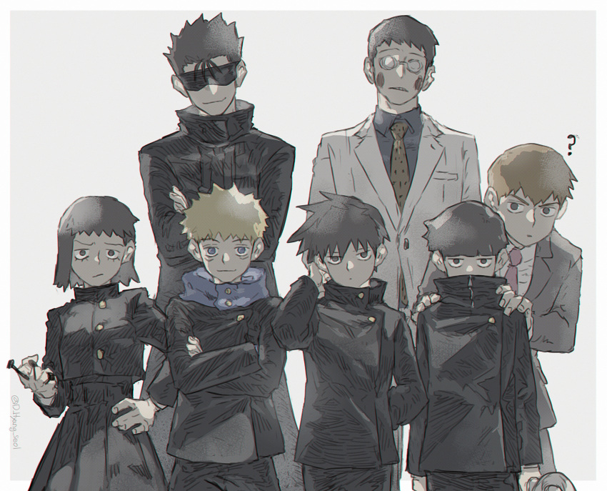 1girl 6+boys ? arm_behind_back bangs black_jacket black_pants black_skirt blonde_hair blue_eyes blue_shirt blunt_bangs blush_stickers bob_cut border breasts brothers brown_hair cosplay covered_mouth crossed_arms ekubo_(mob_psycho_100) facial_mark formal frown fushiguro_megumi fushiguro_megumi_(cosplay) gojou_satoru gojou_satoru_(cosplay) grey_background grey_jacket hanazawa_teruki hand_on_hip hand_up hands_on_another's_shoulder hiding hiding_behind_another high_collar highres holding holding_nail itadori_yuuji itadori_yuuji_(cosplay) jacket jitome jujutsu_kaisen kageyama_ritsu kugisaki_nobara kugisaki_nobara_(cosplay) kurata_tome leaning_forward leeis_cool lineup looking_at_viewer mob_psycho_100 multiple_boys nail nanami_kento nanami_kento_(cosplay) necktie notched_ear odd_one_out pants pink_necktie pleated_skirt reigen_arataka school_uniform shimazaki_ryo shirt siblings simple_background skirt smile suit sunglasses surprised turtleneck twitter_username white_jacket zipper_pull_tab