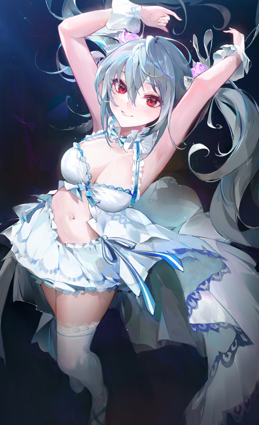 1girl absurdres armpits arms_up bangs bare_arms blush breasts cleavage clip_studio_paint_(medium) crop_top flower grey_hair hair_between_eyes hair_flower hair_ornament highres idolmaster idolmaster_cinderella_girls idolmaster_cinderella_girls_starlight_stage kanzaki_ranko large_breasts long_hair looking_at_viewer midriff moko_(moko/moko) navel parted_lips purple_flower red_eyes skirt solo standing thighhighs twintails white_skirt white_thighhighs wrist_cuffs