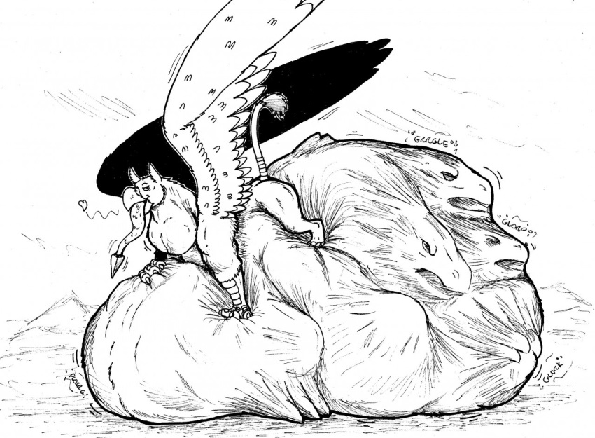 avian beak belly big_belly black_and_white duo feral feral_pred feral_prey gryphon gryphon_pred hydra jagg_(thatgryphonguy) male male_pred monochrome mythological_avian mythology onomatopoeia oral_vore raised_tail smaller_pred smug sound_effects swallowing tail_wraps text thatgryphonguy vore wings wraps