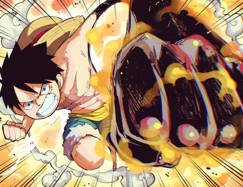 1boy aetherion anniversary black_hair chromatic_aberration clenched_hands clenched_teeth emphasis_lines hat_on_back incoming_attack incoming_punch looking_at_viewer male_focus monkey_d._luffy one_piece punching scar scar_on_chest solo teeth topless_male