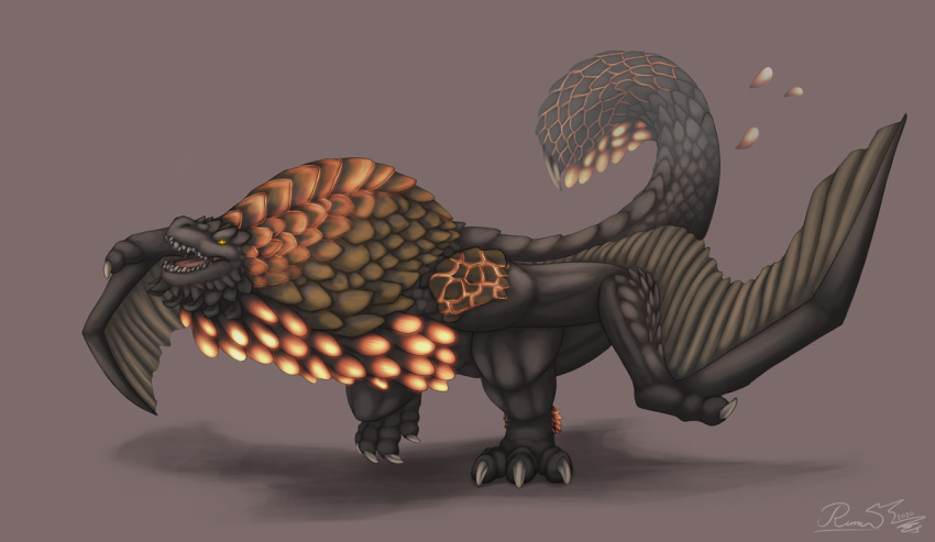 2020 ambiguous_gender bazelgeuse black_body black_scales bread brown_background capcom claws digital_media_(artwork) feathered_wings feathers feral flying_wyvern food glistening glistening_body glistening_scales monster_hunter open_mouth rimentus scales scalie shadow signature simple_background solo video_games wings yellow_eyes