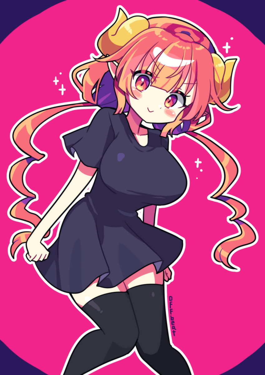 1girl absurdres bangs black_dress black_thighhighs blush breasts closed_mouth dragon_girl dragon_horns dress feet_out_of_frame highres horns ilulu_(maidragon) knees_together_feet_apart kobayashi-san_chi_no_maidragon large_breasts long_hair offbeat pink_background pink_eyes pink_hair pointy_ears short_dress smile solo thighhighs twintails zettai_ryouiki