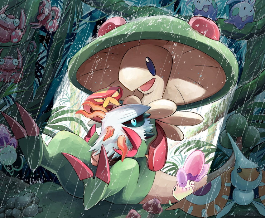 ^_^ blue_eyes breloom bright_pupils closed_eyes commentary_request goomy highres holding holding_pokemon larvesta masquerain morelull mukiguri mushroom open_mouth outdoors paras pokemon pokemon_(creature) rain sitting sizzlipede smile stone wet white_pupils