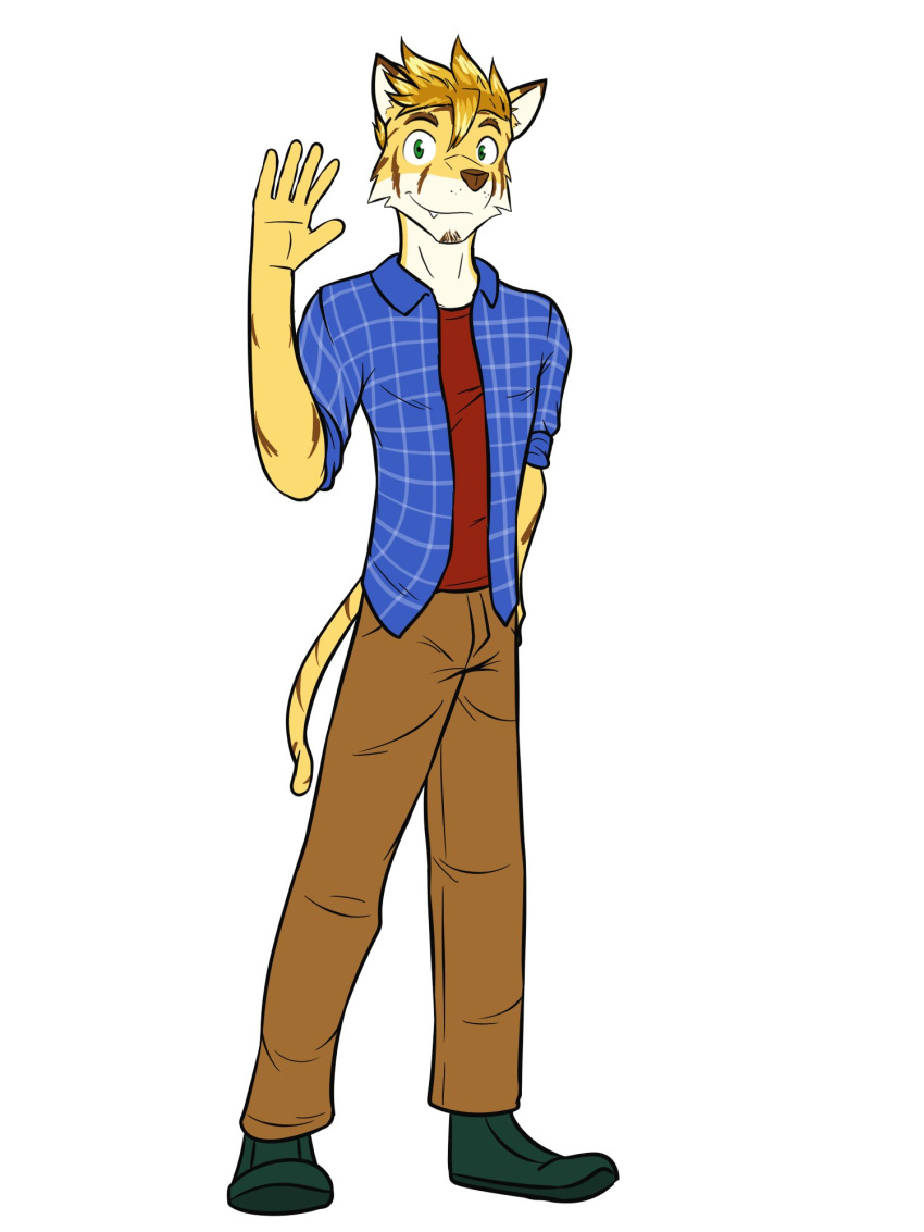 alternate_species anthro bottomwear clothed clothing felid footwear full-length_portrait fully_clothed furrification fuze hi_res male mammal pantherine pants portrait sam_(stardew_valley) shirt shoes simple_background solo stardew_valley tiger topwear white_background