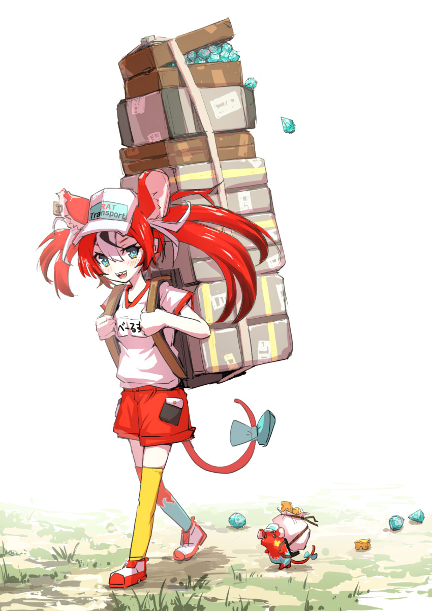 1girl :d animal_ear_fluff animal_ears asymmetrical_legwear backpack bag black_hair bow carrying cheese english_commentary food full_body gem grass gym_uniform hair_between_eyes hakos_baelz hat highres hololive hololive_english long_hair looking_at_viewer mitsuru_(pixiv_34028718) mouse mouse_ears mouse_girl mouse_tail mr._squeaks_(hakos_baelz) multicolored_hair open_mouth outdoors over-kneehighs pocket red_hair red_shorts sharp_teeth short_sleeves shorts simple_background smile solo streaked_hair tail tail_bow tail_ornament teeth thighhighs upper_teeth virtual_youtuber walking white_background white_hair