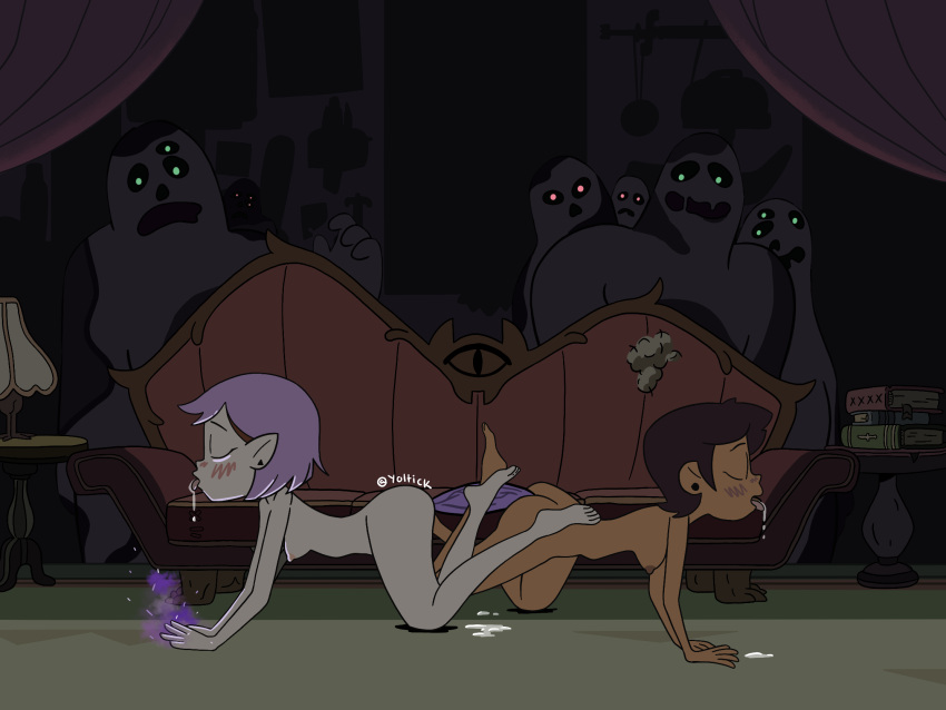 abomination_(the_owl_house) amity_blight ass_to_ass background_character being_watched bodily_fluids breasts butt detailed_background dildo disney duo eyes_closed female female/female genital_fluids hi_res human looking_at_another luz_noceda mammal nipples nude penetration pussy_juice romantic romantic_couple saliva saliva_string sex sex_toy small_breasts the_owl_house yoltick young